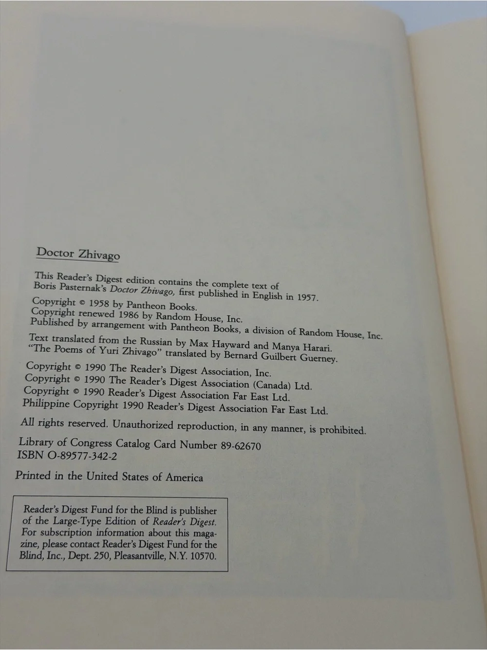 Doctor Zhivago By Boris Pasternak Hardcover Book Reader's Digest 1990 Edition